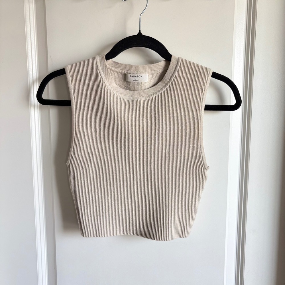 Aritzia Babaton Sculpt Knit Cropped Muscle Tank Top Beige Cream Ribbed Sz: S EUC